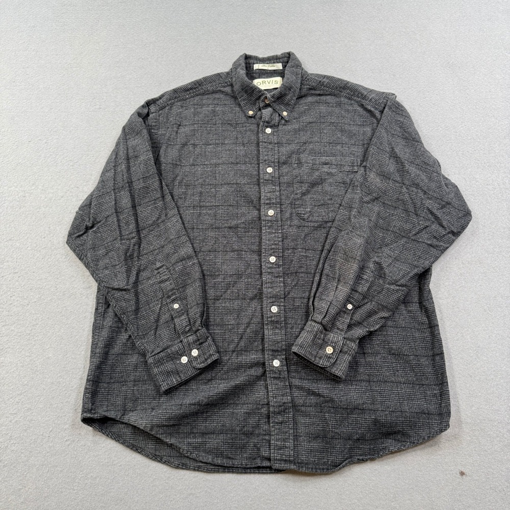 Orvis Flannel Shirt Men's Large Gray Button Down Long Sleeve Cotton Heavyweight‎